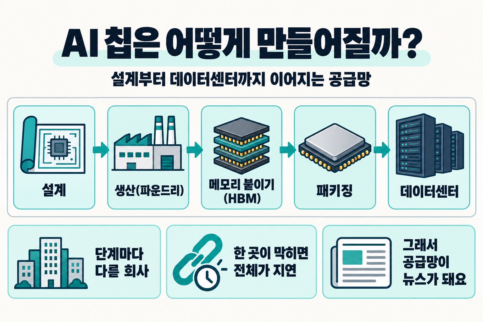 AI 칩은 어떻게 만들어질까? 설계부터 데이터센터까지 이어지는 공급망. 설계, 생산(파운드리), 메모리 붙이기(HBM), 패키징, 데이터센터. 단계마다 다른 회사, 한 곳이 막히면 전체가 지연, 그래서 공급망이 뉴스가 돼요.