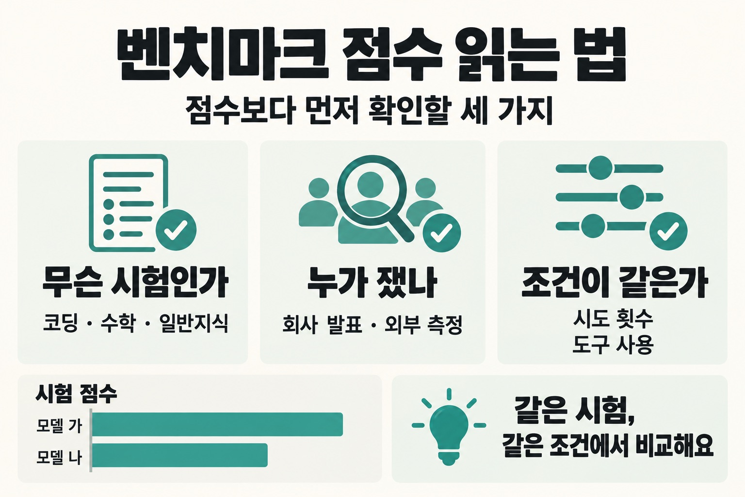 벤치마크 점수 읽는 법. 점수보다 먼저 확인할 세 가지. 무슨 시험인가(코딩·수학·일반지식), 누가 쟀나(회사 발표·외부 측정), 조건이 같은가(시도 횟수, 도구 사용). 시험 점수: 모델 가, 모델 나. 같은 시험, 같은 조건에서 비교해요.