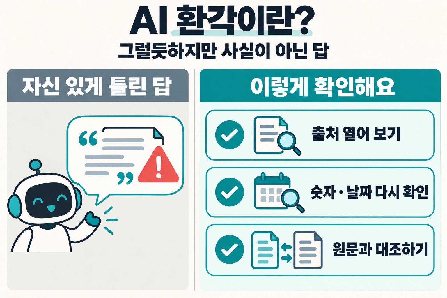 AI 환각이란? 그럴듯하지만 사실이 아닌 답. 자신 있게 틀린 답. 이렇게 확인해요: 출처 열어 보기, 숫자·날짜 다시 확인, 원문과 대조하기.