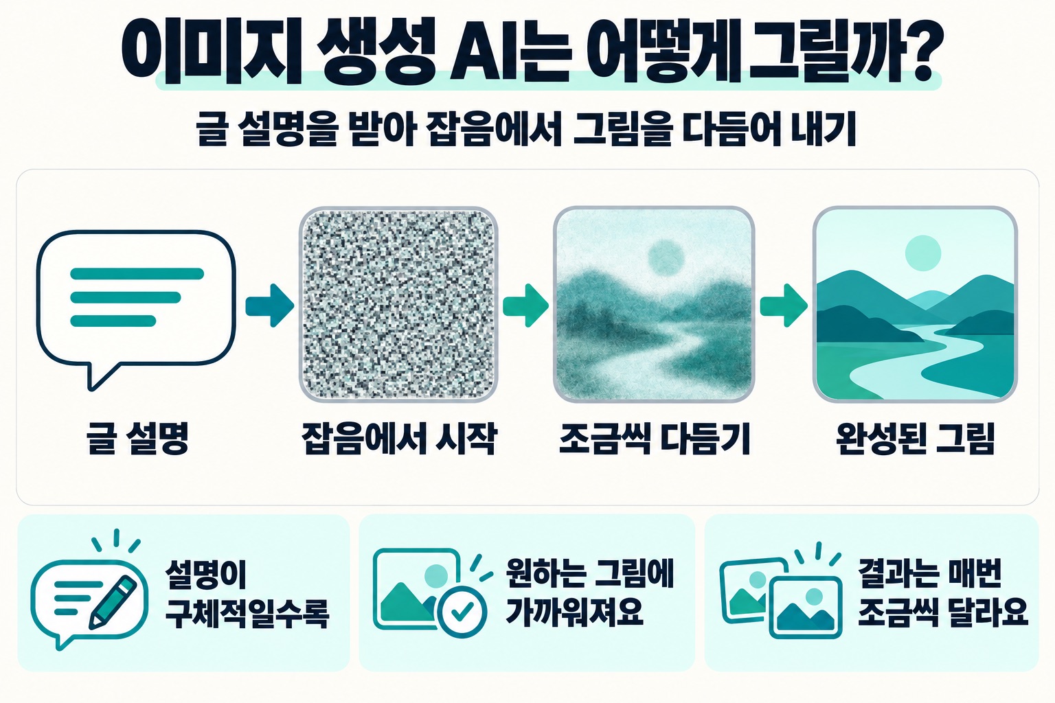 이미지 생성 AI는 어떻게 그릴까? 글 설명을 받아 잡음에서 그림을 다듬어 내기. 글 설명, 잡음에서 시작, 조금씩 다듬기, 완성된 그림. 설명이 구체적일수록, 원하는 그림에 가까워져요, 결과는 매번 조금씩 달라요.