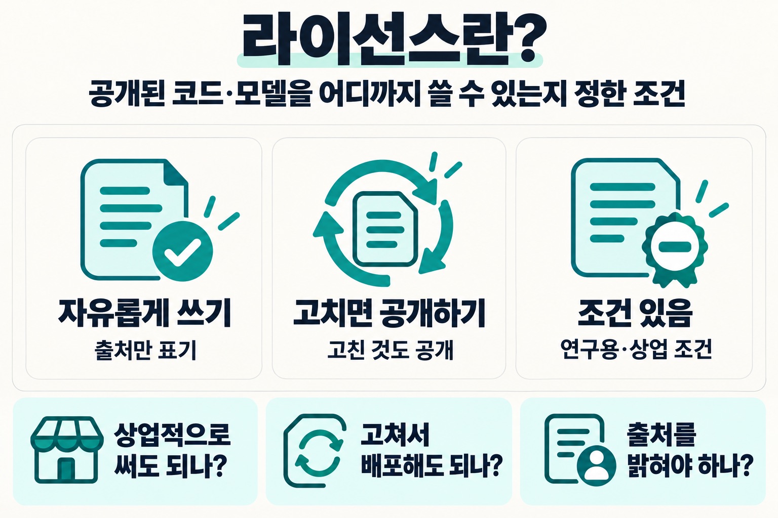 라이선스란? 공개된 코드·모델을 어디까지 쓸 수 있는지 정한 조건. 자유롭게 쓰기, 출처만 표기, 고치면 공개하기, 고친 것도 공개, 조건 있음, 연구용·상업 조건. 상업적으로 써도 되나?, 고쳐서 배포해도 되나?, 출처를 밝혀야 하나?