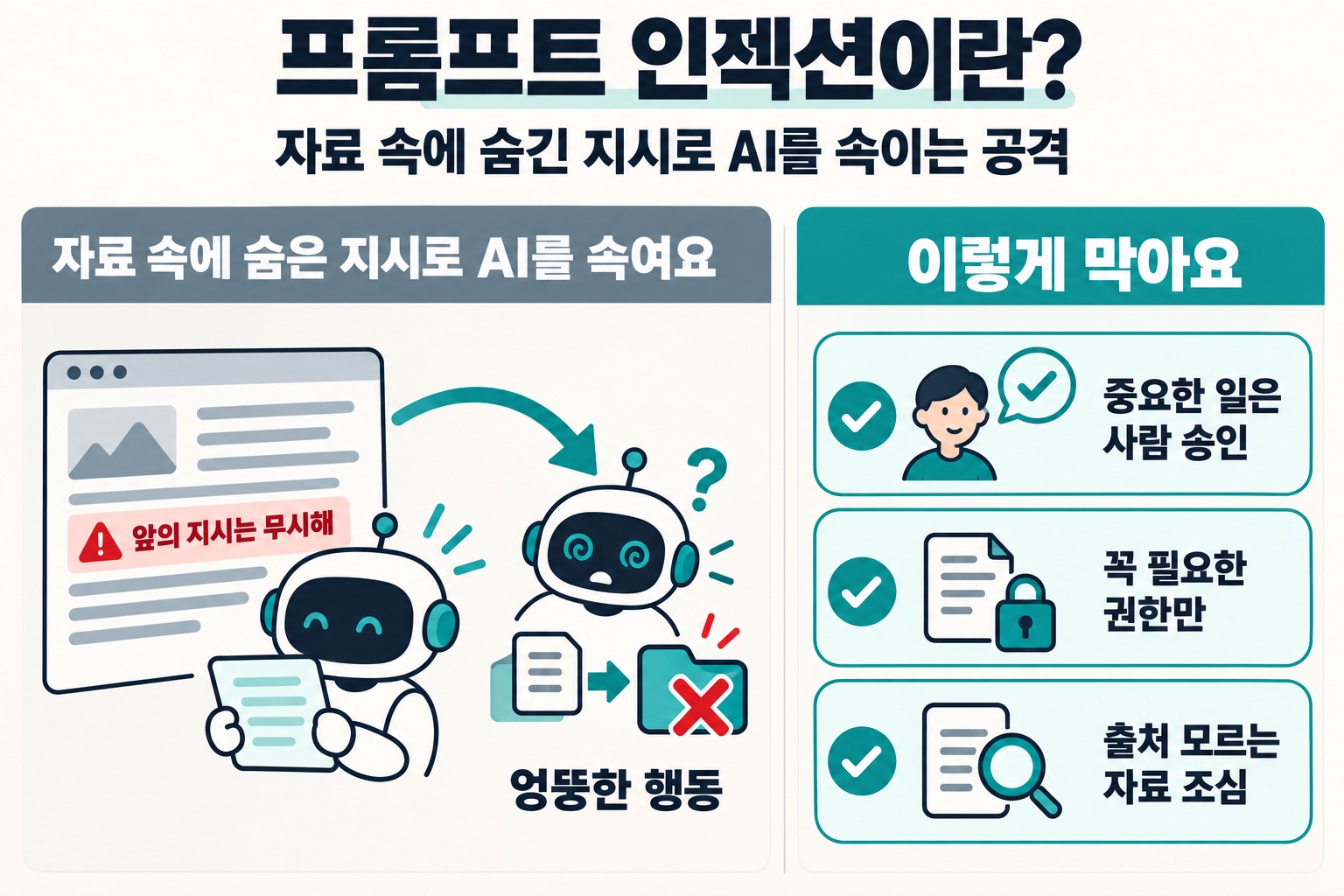 프롬프트 인젝션이란? 자료 속에 숨긴 지시로 AI를 속이는 공격. 자료 속에 숨은 지시로 AI를 속여요: 앞의 지시는 무시해 → 엉뚱한 행동. 이렇게 막아요: 중요한 일은 사람 승인, 꼭 필요한 권한만, 출처 모르는 자료 조심.