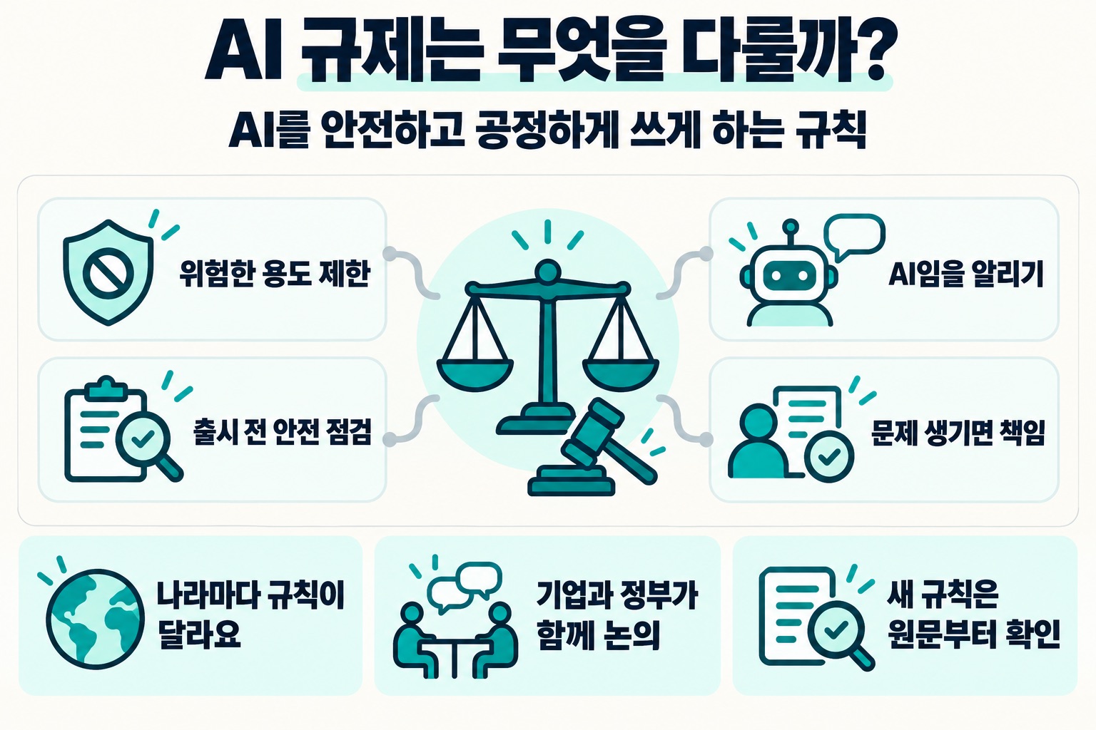 AI 규제는 무엇을 다룰까? AI를 안전하고 공정하게 쓰게 하는 규칙. 위험한 용도 제한, AI임을 알리기, 출시 전 안전 점검, 문제 생기면 책임. 나라마다 규칙이 달라요, 기업과 정부가 함께 논의, 새 규칙은 원문부터 확인.
