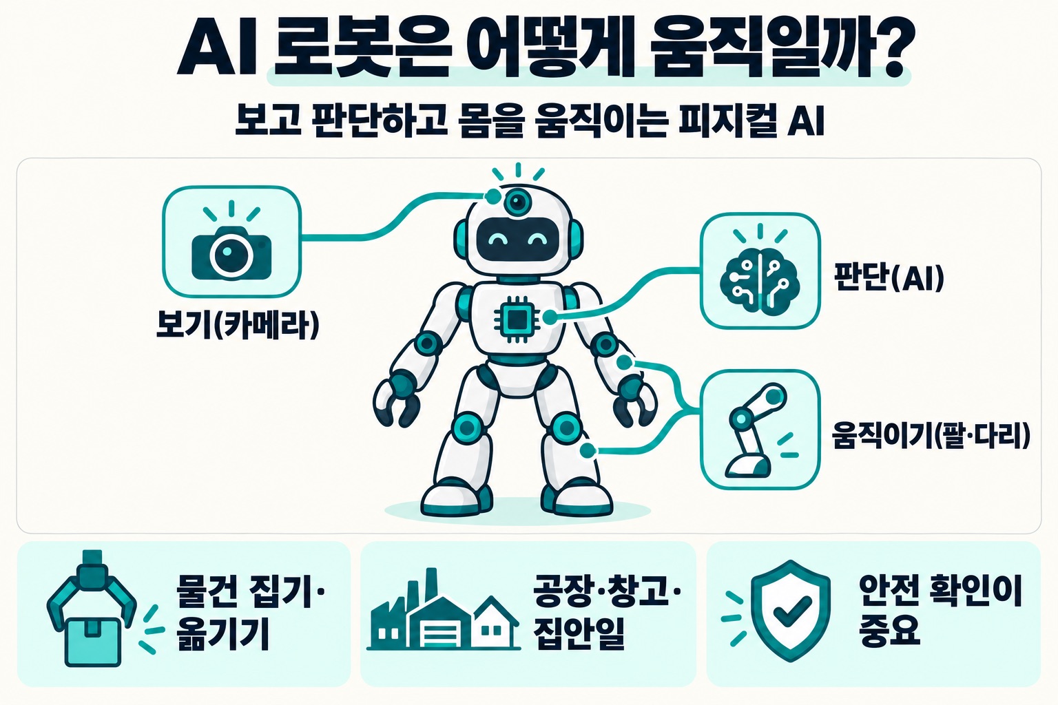 AI 로봇은 어떻게 움직일까? 보고 판단하고 몸을 움직이는 피지컬 AI. 보기(카메라), 판단(AI), 움직이기(팔·다리). 물건 집기·옮기기, 공장·창고·집안일, 안전 확인이 중요.