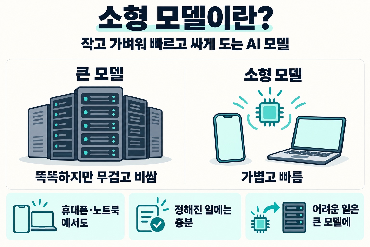 소형 모델이란? 작고 가벼워 빠르고 싸게 도는 AI 모델. 큰 모델, 똑똑하지만 무겁고 비쌈, 소형 모델, 가볍고 빠름. 휴대폰·노트북에서도, 정해진 일에는 충분, 어려운 일은 큰 모델에.