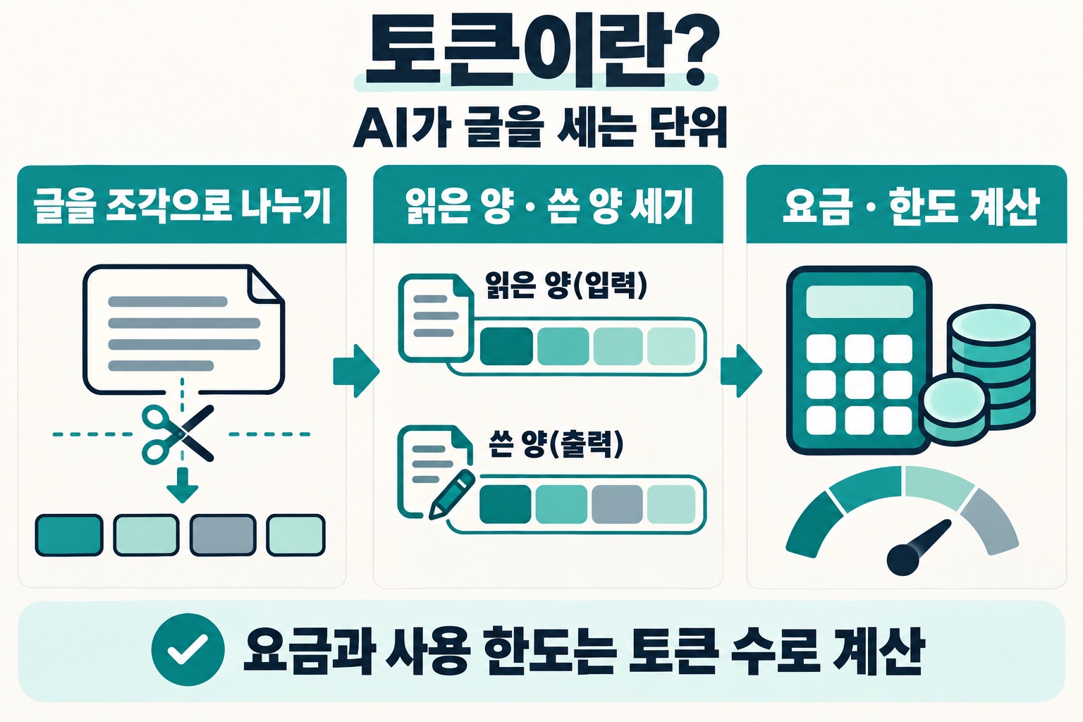 토큰이란? AI가 글을 세는 단위. 글을 조각으로 나누기, 읽은 양·쓴 양 세기(읽은 양(입력), 쓴 양(출력)), 요금·한도 계산. 요금과 사용 한도는 토큰 수로 계산.