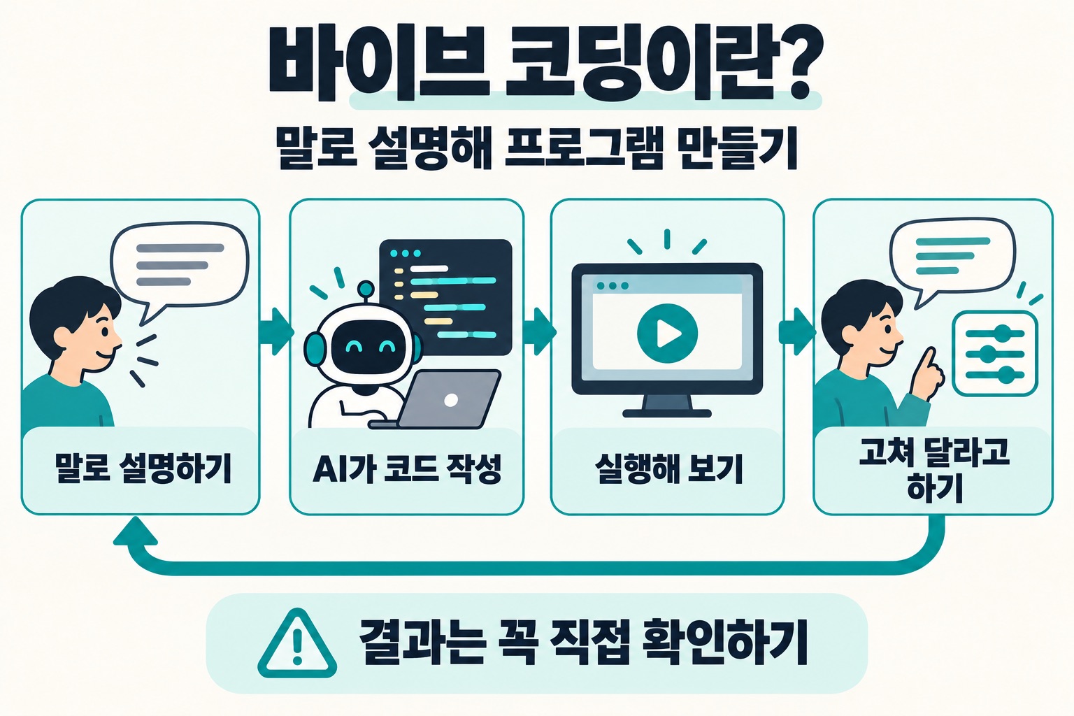 바이브 코딩이란? 말로 설명해 프로그램 만들기. 말로 설명하기 → AI가 코드 작성 → 실행해 보기 → 고쳐 달라고 하기. 결과는 꼭 직접 확인하기.