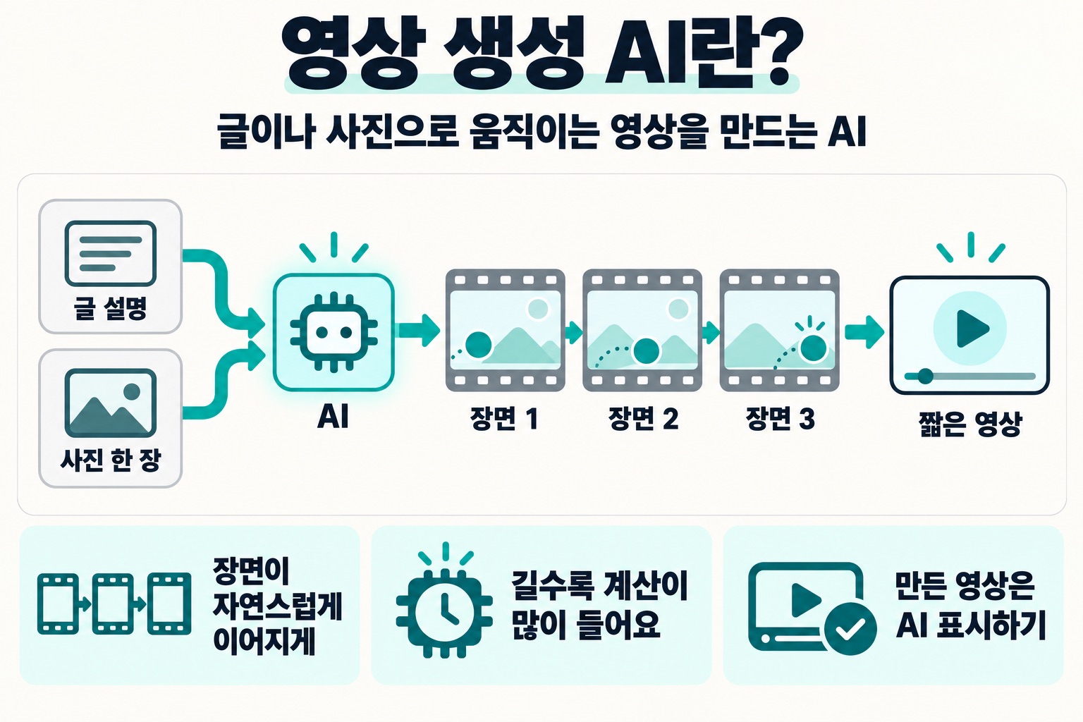 영상 생성 AI란? 글이나 사진으로 움직이는 영상을 만드는 AI. 글 설명, 사진 한 장, AI, 장면 1, 장면 2, 장면 3, 짧은 영상. 장면이 자연스럽게 이어지게, 길수록 계산이 많이 들어요, 만든 영상은 AI 표시하기.