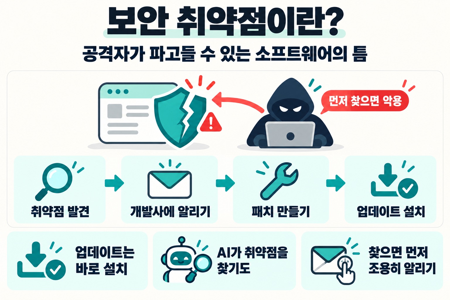 보안 취약점이란? 공격자가 파고들 수 있는 소프트웨어의 틈. 먼저 찾으면 악용, 취약점 발견, 개발사에 알리기, 패치 만들기, 업데이트 설치. 업데이트는 바로 설치, AI가 취약점을 찾기도, 찾으면 먼저 조용히 알리기.