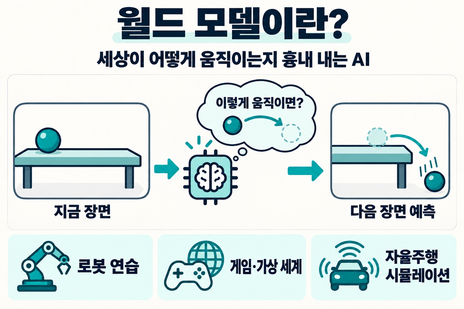 월드 모델이란? 세상이 어떻게 움직이는지 흉내 내는 AI. 지금 장면, 이렇게 움직이면?, 다음 장면 예측. 로봇 연습, 게임·가상 세계, 자율주행 시뮬레이션.