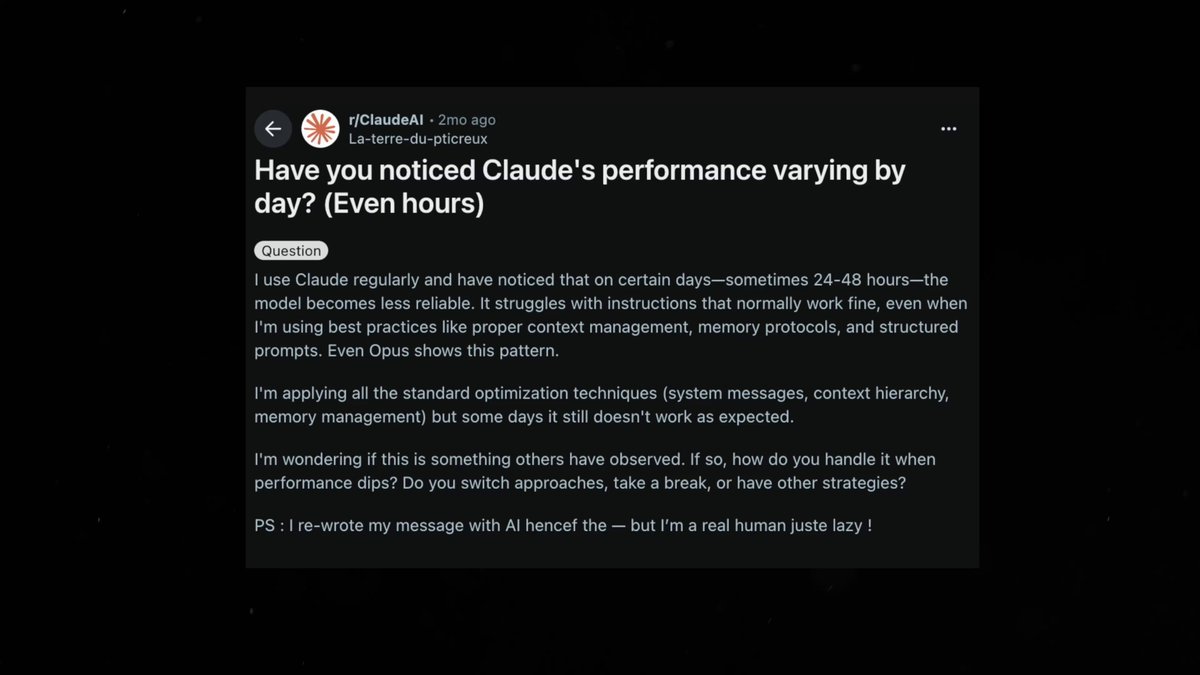 theo의 Claude 품질 탐구 영상 썸네일 — 2개월 전 Reddit 글