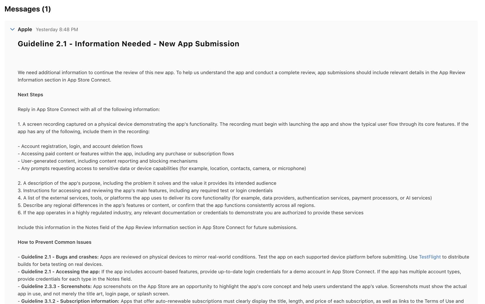 Apple의 Guideline 2.1 신규 앱 심사 안내문