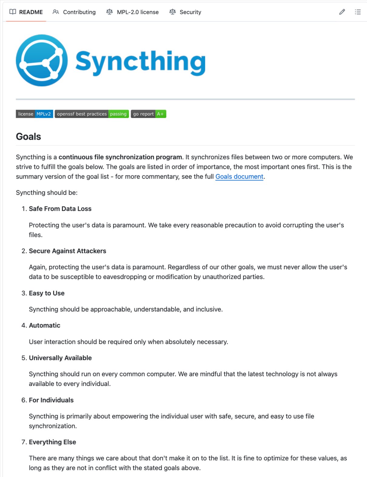 Syncthing 오픈소스 README — P2P 파일 동기화 대안