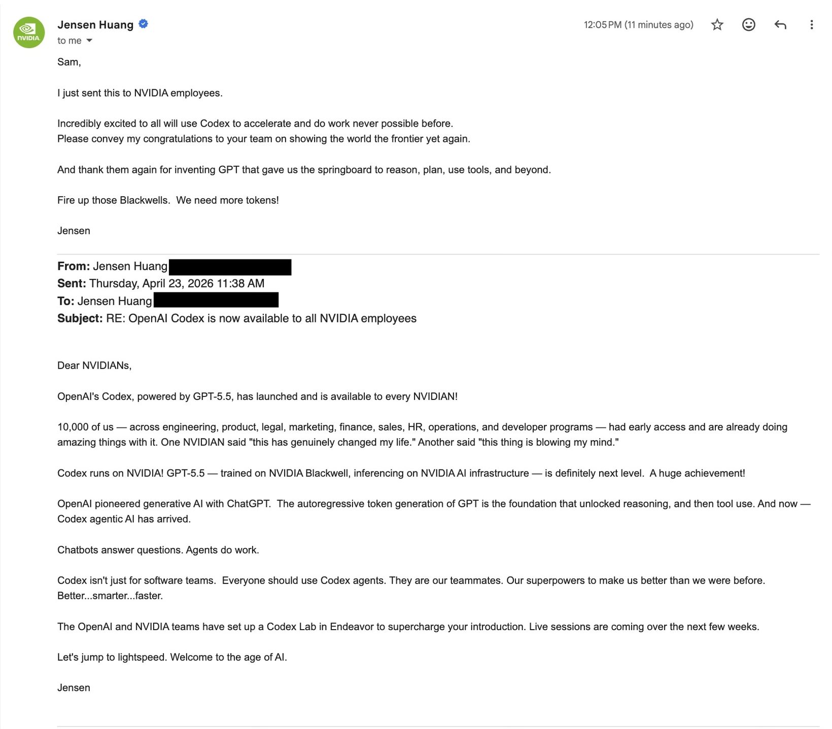 Jensen Huang의 "OpenAI Codex is now available to all NVIDIA employees" 이메일