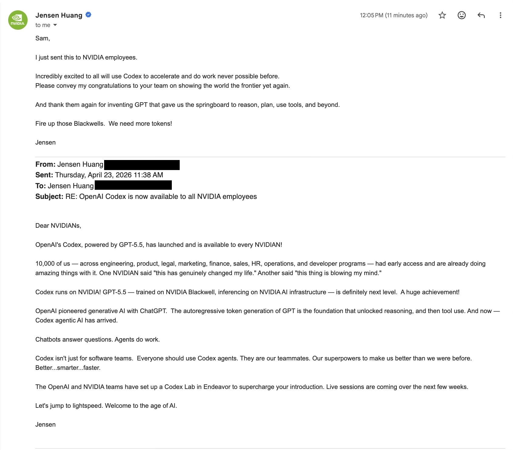 Jensen Huang의 "OpenAI Codex is now available to all NVIDIA employees" 이메일