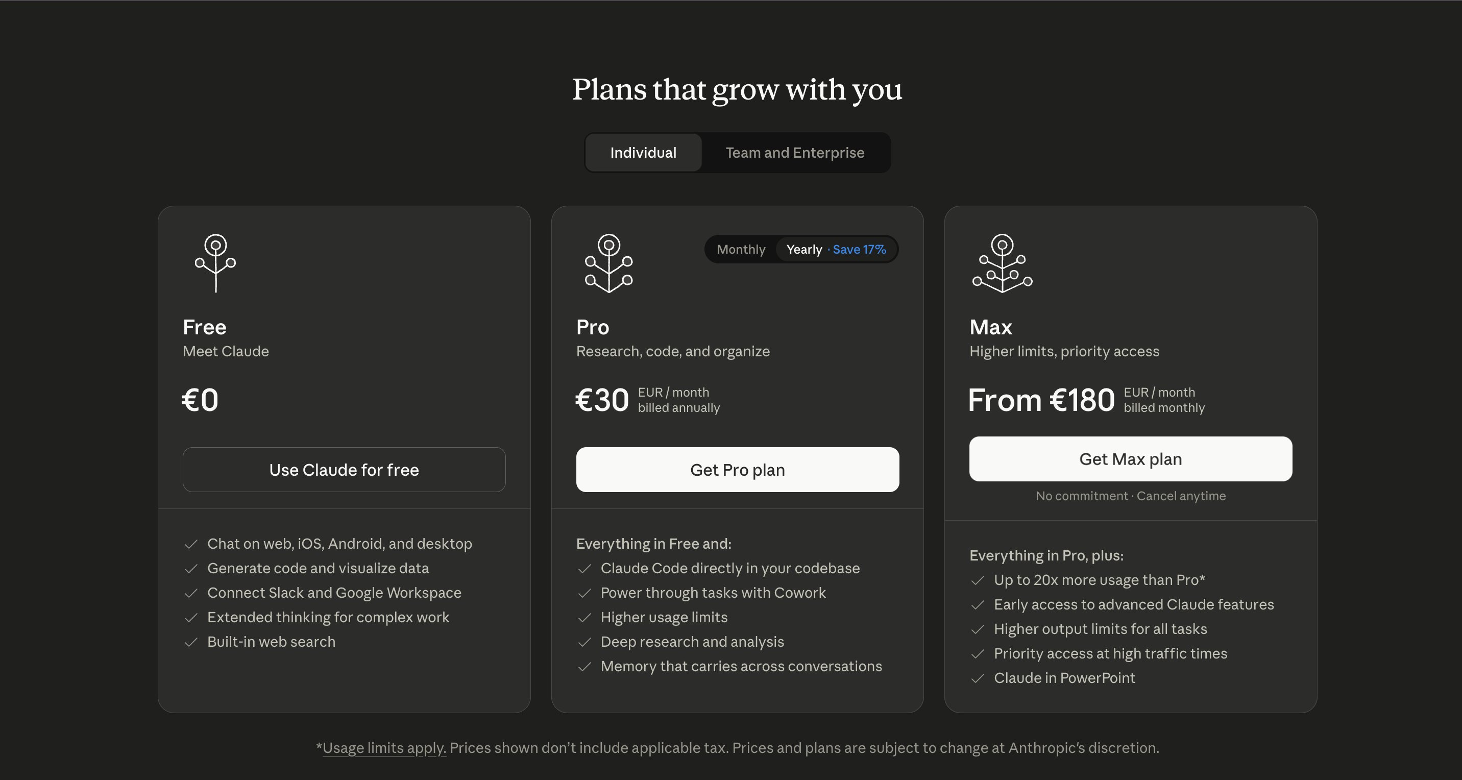 Anthropic 유럽 구독 가격 페이지 — Free / Pro €30 / Max €180