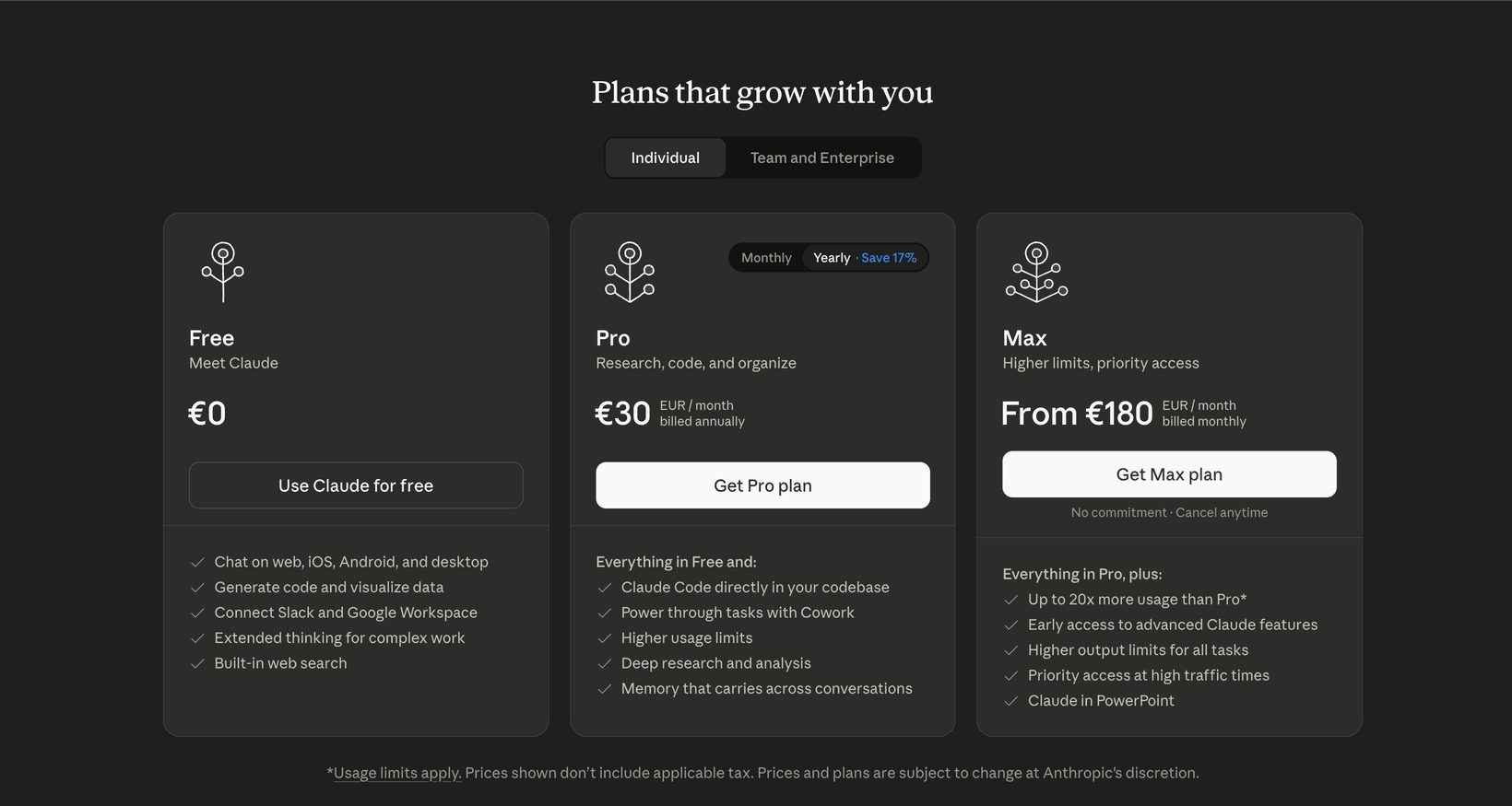 Anthropic 유럽 구독 가격 페이지 — Free / Pro €30 / Max €180