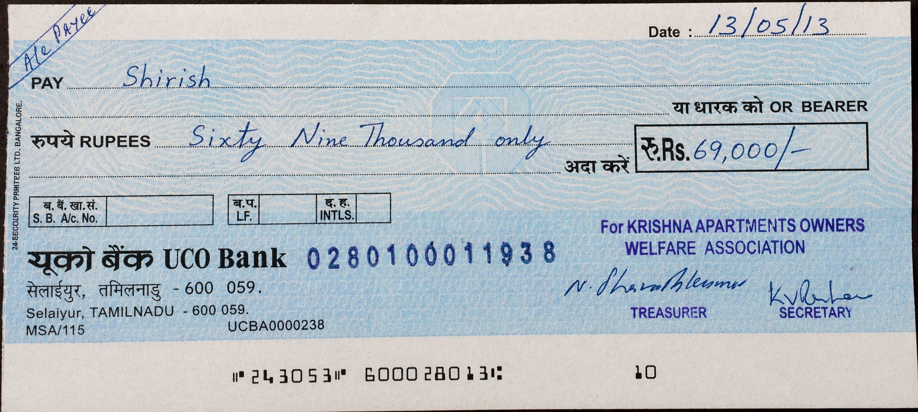 ChatGPT Image 2.0이 생성한 UCO Bank 수표 — ₹69,000을 Shirish 앞으로