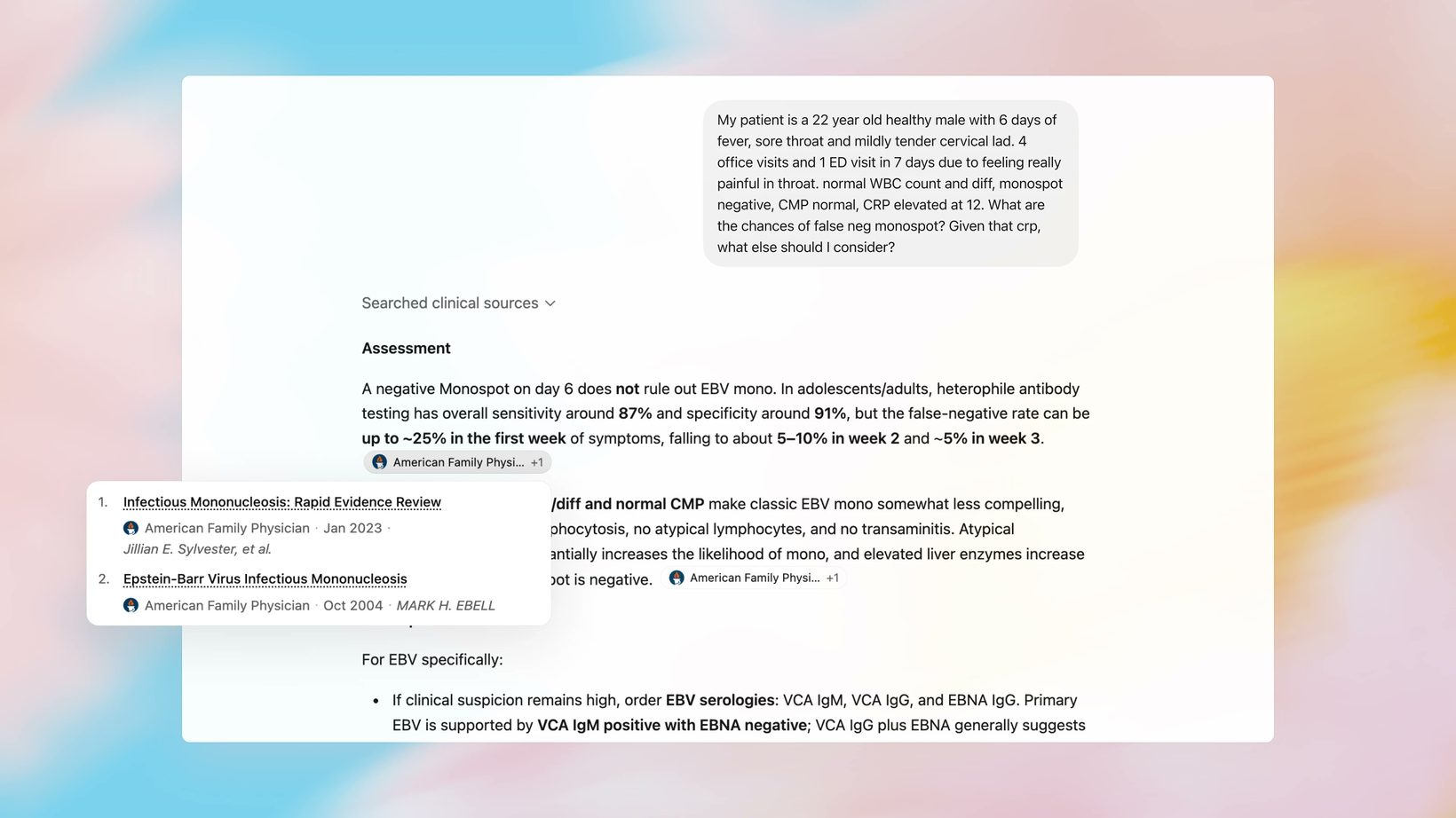 ChatGPT for Clinicians UI — 임상 근거 검색 + 인용 기반 감별진단