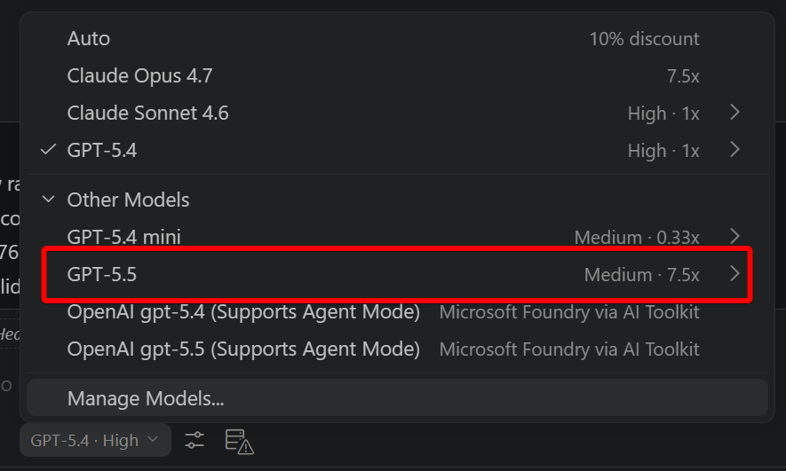 VS Code 모델 선택 — GPT-5.5가 "Medium · 7.5x"로 표시된 화면