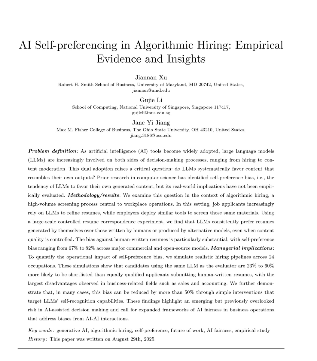 AI Self-preferencing in Algorithmic Hiring 논문 첫 페이지