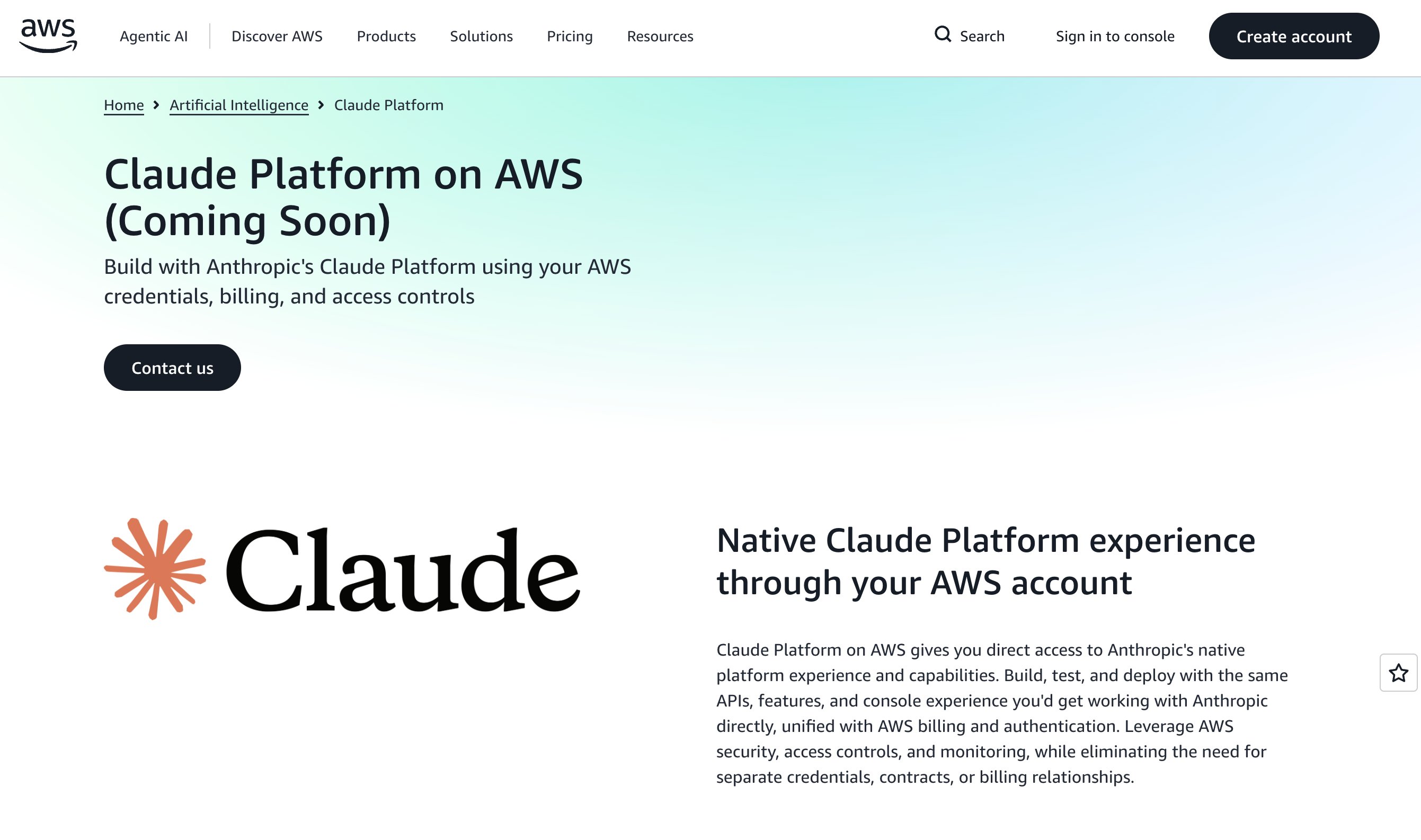 AWS의 Claude Platform Coming Soon 공식 페이지 — *"Native Claude Platform experience through your AWS account"*