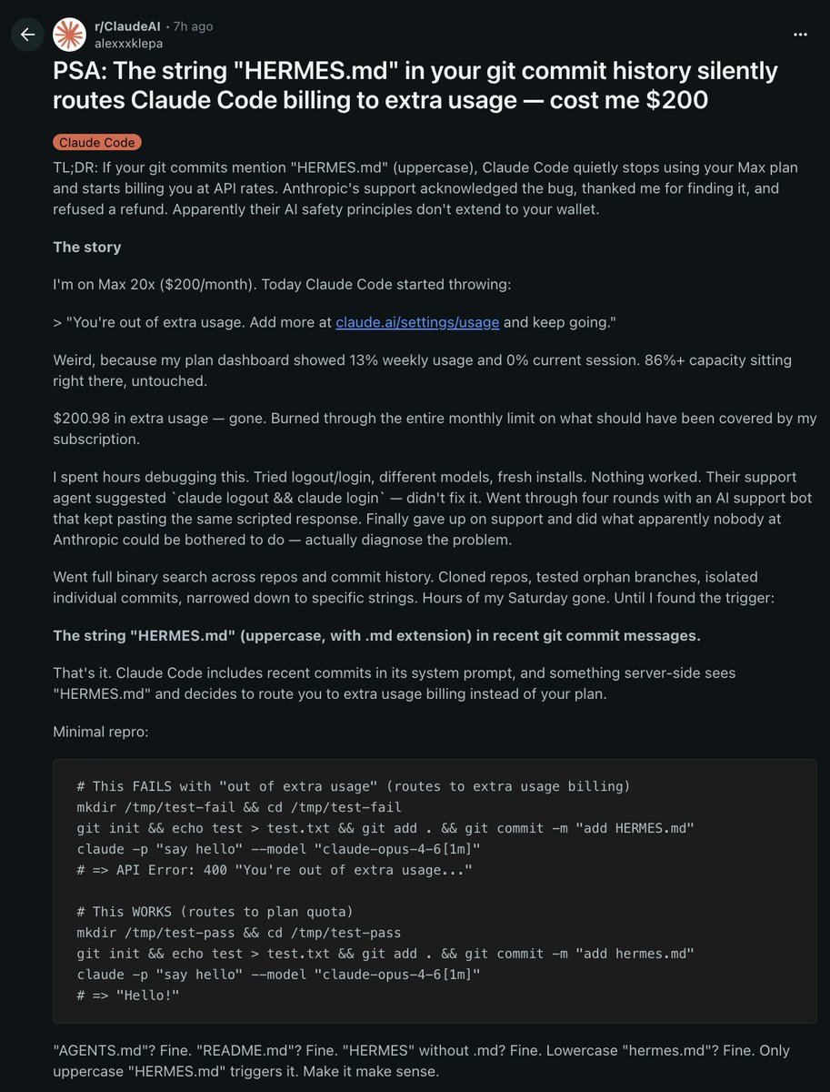 r/ClaudeAI의 폭로 — *"PSA: The string 'HERMES.md' in your git commit history silently routes Claude Code billing to extra usage — cost me $200"*