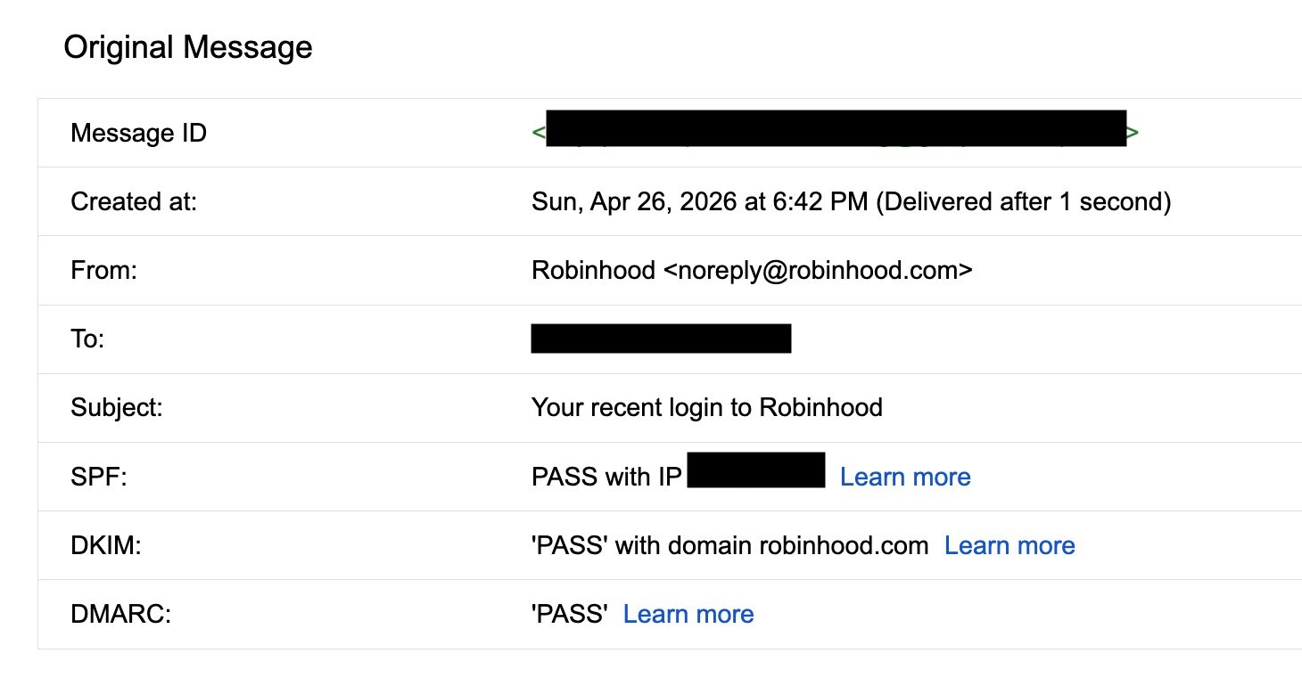 Robinhood 피싱 — SPF/DKIM/DMARC 모두 PASS