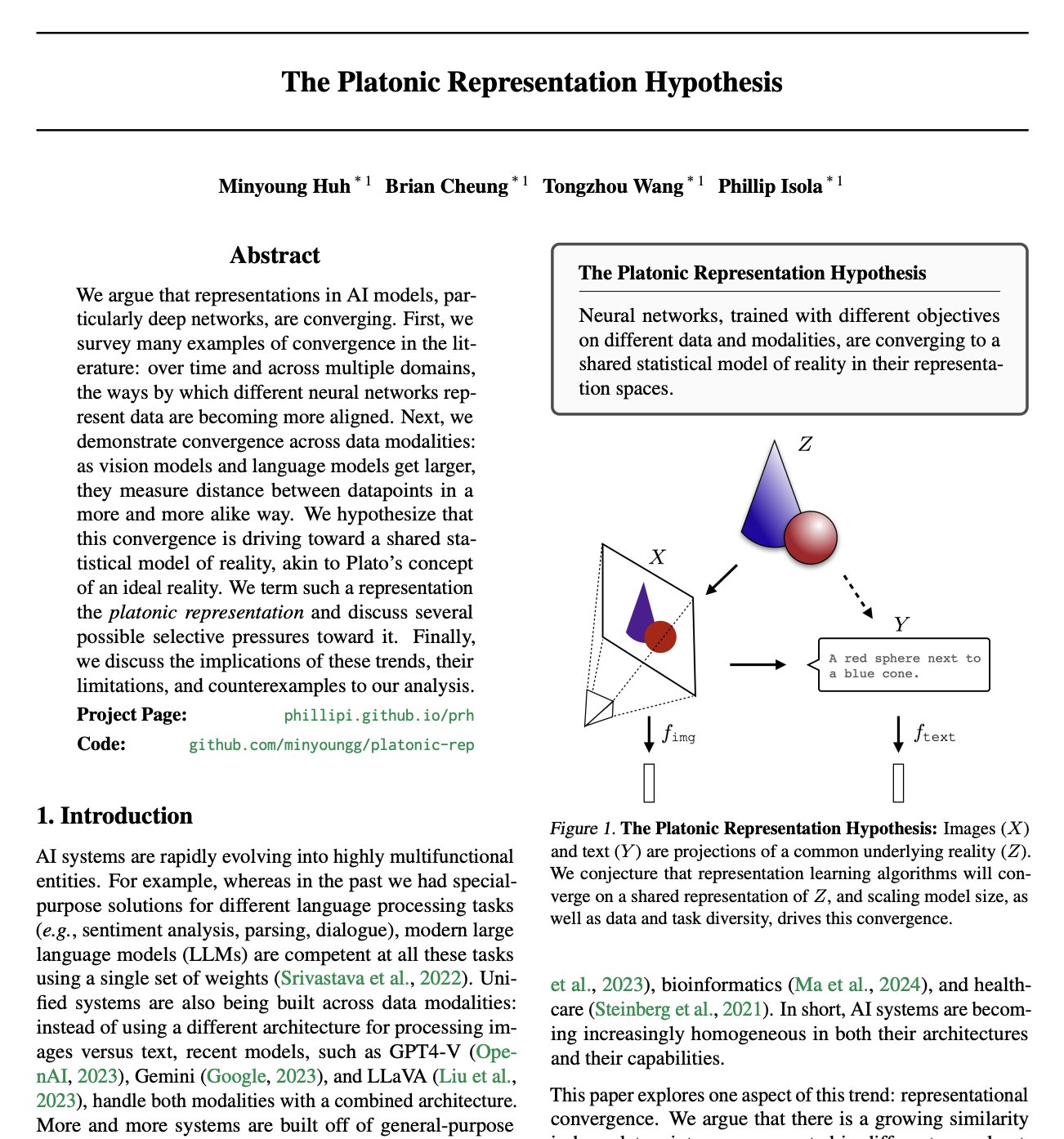 The Platonic Representation Hypothesis 논문 첫 페이지