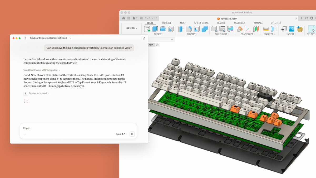 Autodesk Fusion 화면 옆에 Claude 대화창이 떠있고 사용자가 "키보드 메인 컴포넌트를 수직으로 분해도 만들어줘"라고 요청하면 Z+ 방향으로 30mm 간격으로 분해된 키보드 3D 모델이 자동 생성되는 과정 — Opus 4.7 + Real-Fusion-MCP 통합