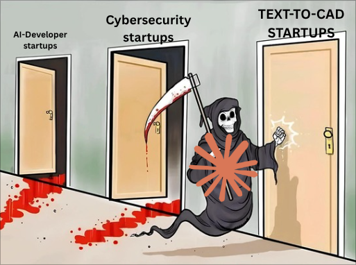 TEXT-TO-CAD STARTUPS 문 앞에서 사신이 칼을 들고 노크하는 만화 — AI-Developer startups, Cybersecurity startups에 이어 다음 차례는 텍스트→CAD 스타트업이라는 메시지