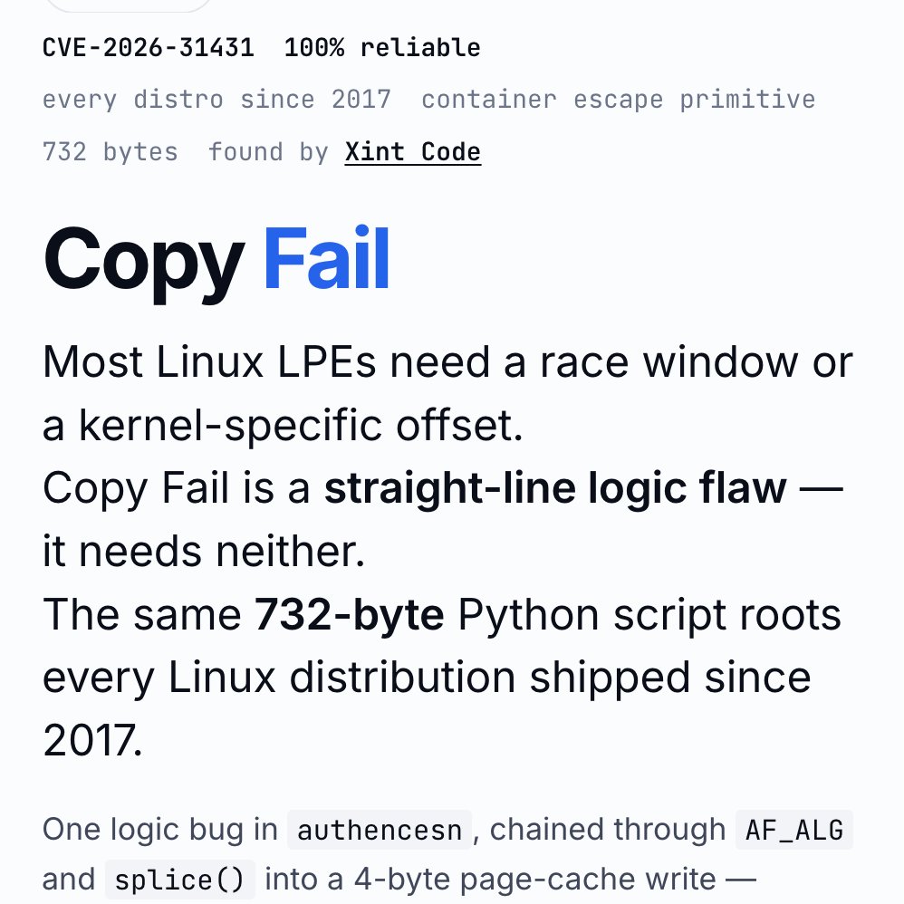 CVE-2026-31431 'Copy Fail' 인포카드 — 100% reliable, 모든 distro 2017+, 732 bytes, Xint Code 발견
