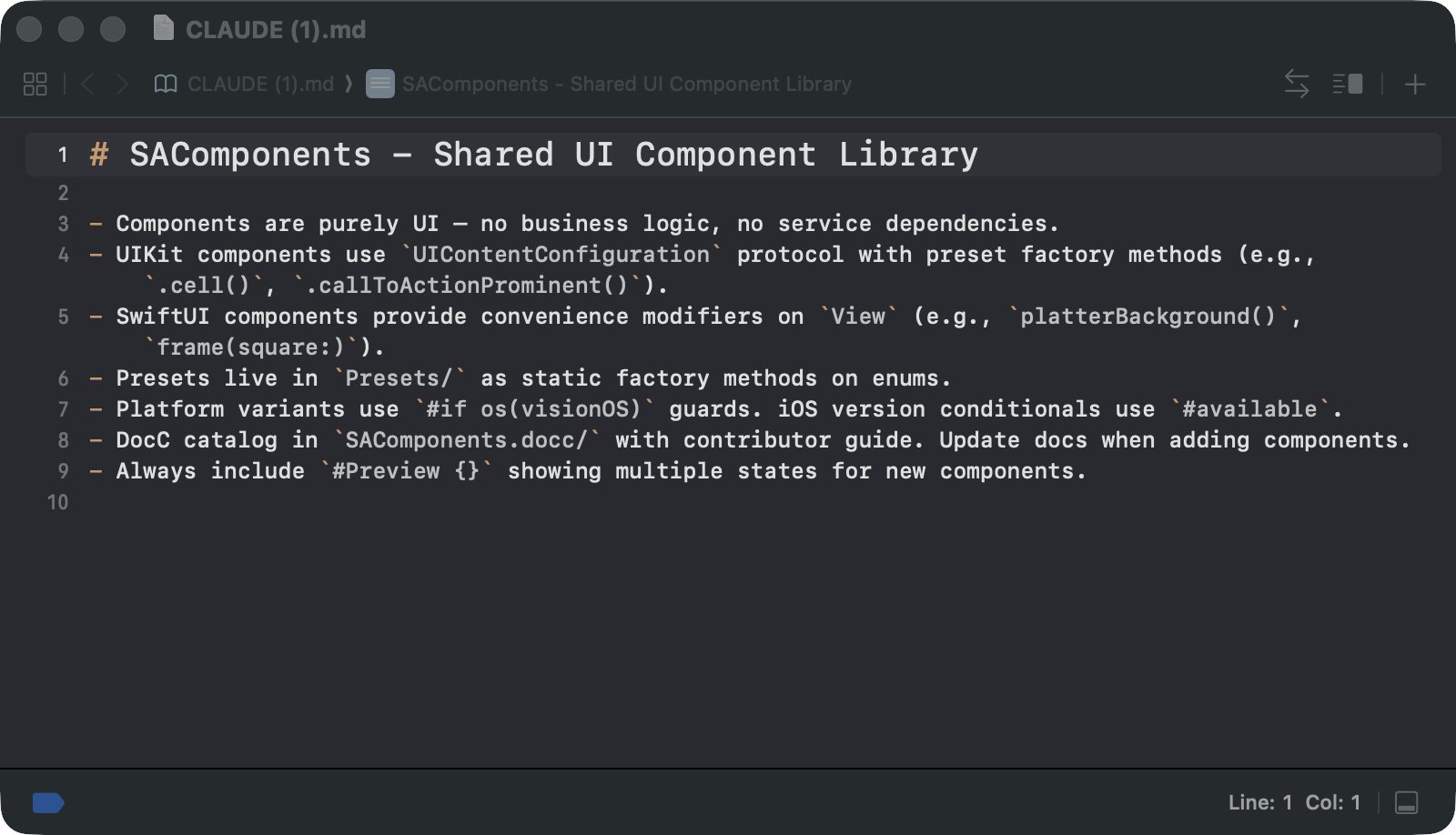 CLAUDE (1).md — SAComponents Shared UI Component Library 가이드, UIKit/SwiftUI 패러다임 + #Preview 팀 컨벤션