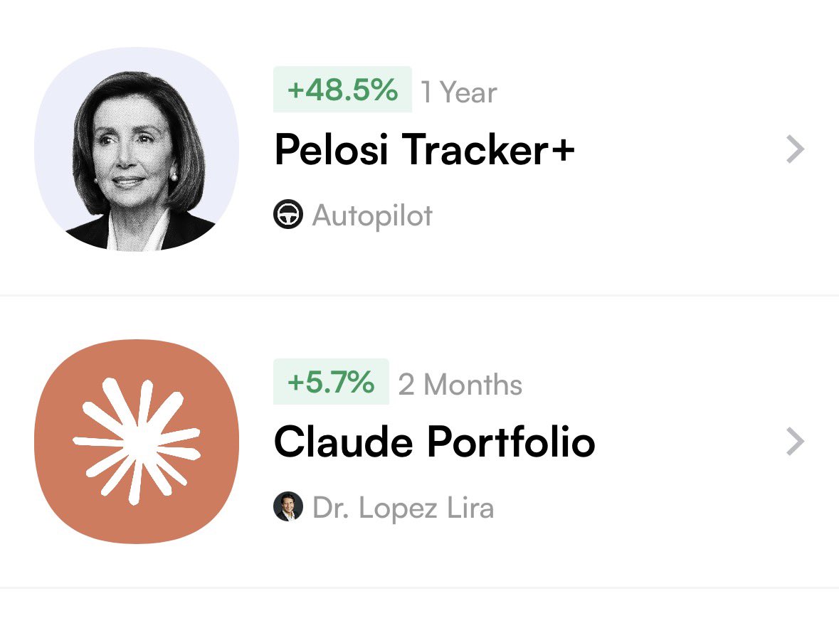 Pelosi Tracker+ 1년 +48.5% (Autopilot) vs Claude Portfolio 2개월 +5.7%
