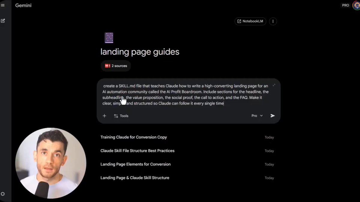 NotebookLM(Gemini 인터페이스)에 *"create a SKILL.md file that teaches Claude how to write a high-converting landing page"* 라는 프롬프트가 입력된 화면 + 자동 생성된 4개 챕터 — Training Claude for Conversion Copy·Claude Skill File Structure Best Practices·Landing Page Elements for Conversion·Landing Page & Claude Skill Structure
