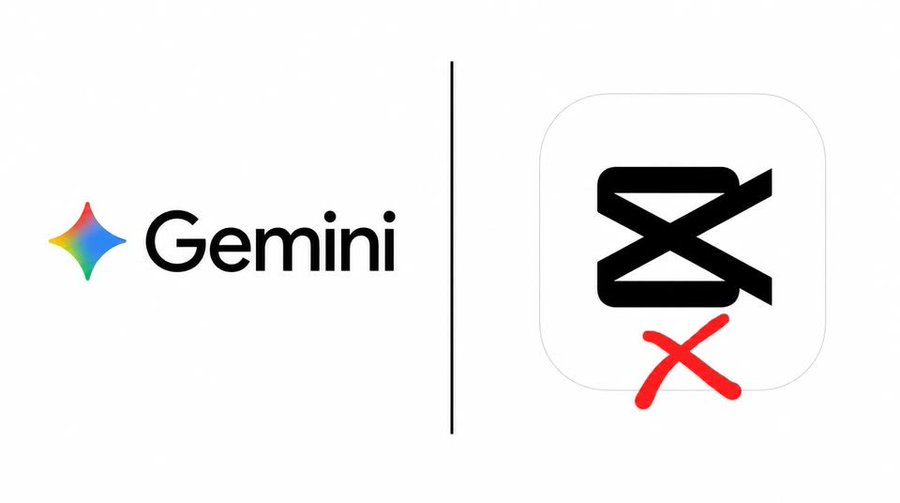 Gemini 로고 vs CapCut 앱 아이콘에 빨간 X — Google Gemini가 영상 편집 도구를 대체한다는 직관적 비교 이미지