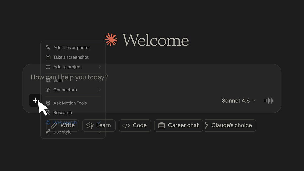 Motion MCP가 Claude 사이드바에 — Skills · Connectors · Ask Motion Tools