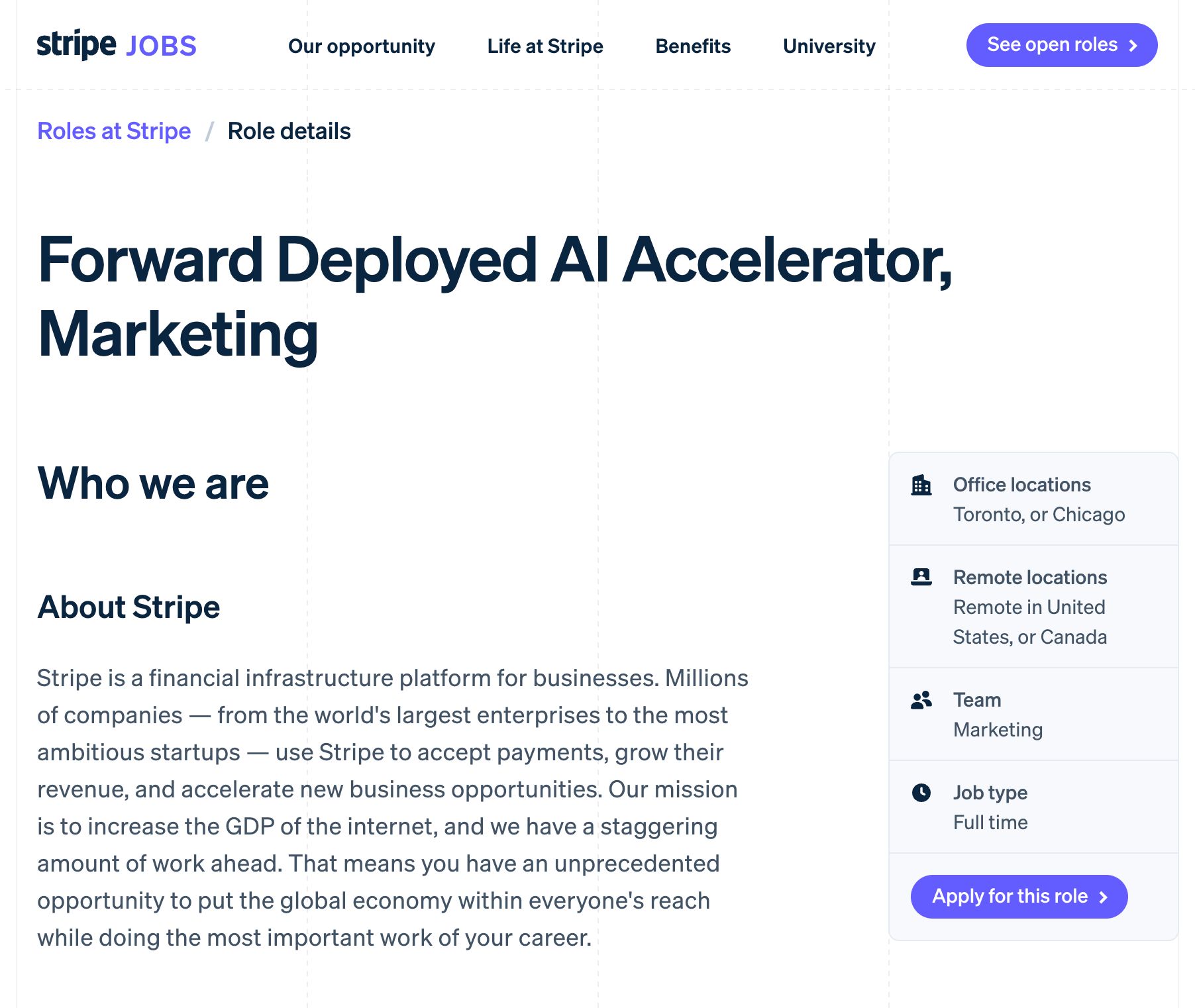 Stripe Forward Deployed AI Accelerator 채용 공고