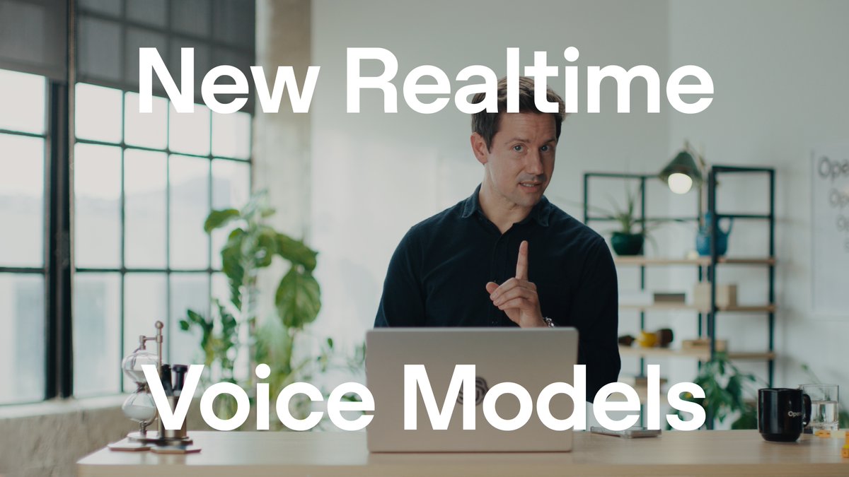OpenAI "New Realtime Voice Models" 출시 영상 썸네일 — 미니멀 스튜디오 + 노트북 음성 대화 데모
