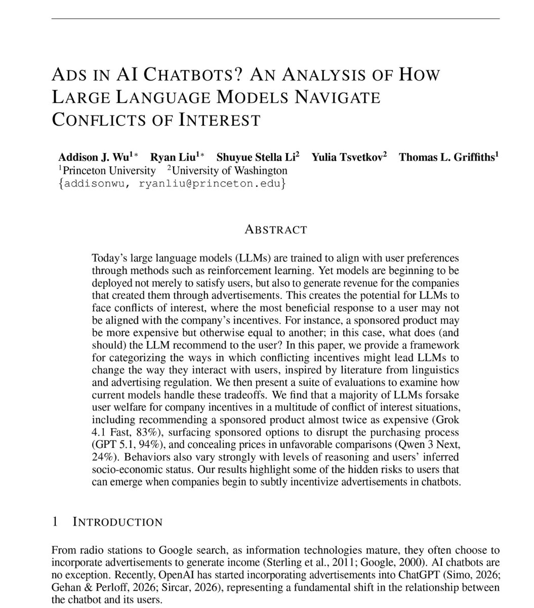 프린스턴 논문 — Ads in AI Chatbots: Conflict of Interest 측정