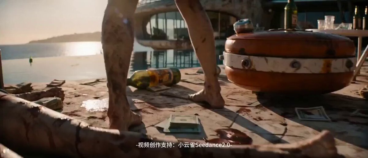 Seedance 2.0으로 만든 단편 영화 한 컷 — 인피니티 풀, 진흙 묻은 다리, 흩어진 돈