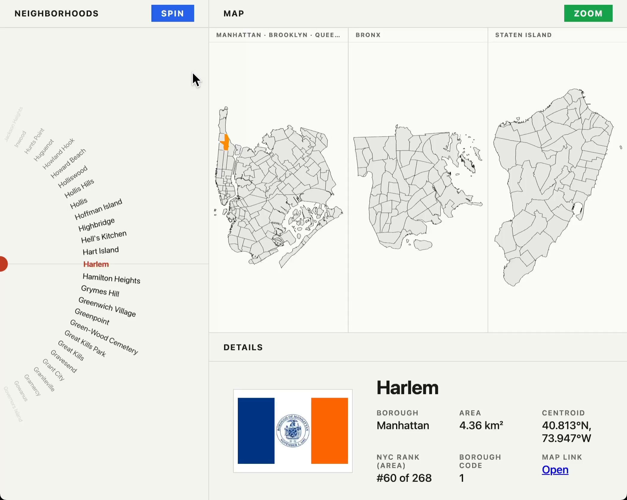 NYC 룰렛 — Harlem 선택 화면, 268개 동네 중 #60