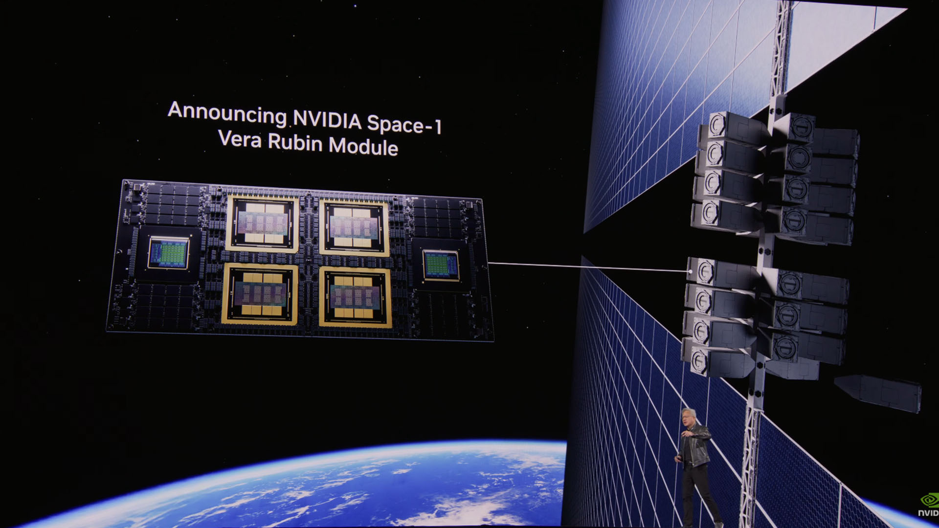 NVIDIA Space-1 베라 루빈 모듈 — 우주 위성 솔라 패널에 GPU 노드가 매달림