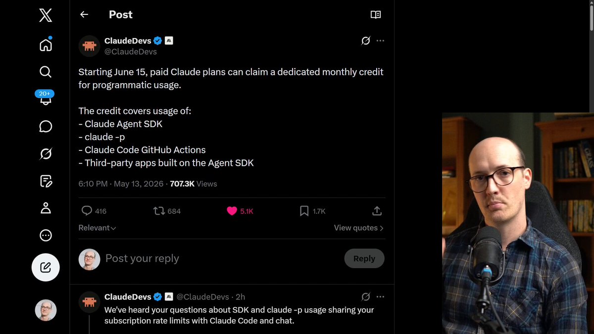 mattpocockuk이 인용한 ClaudeDevs 원문 — June 15부터 paid plan은 dedicated monthly credit for programmatic usage