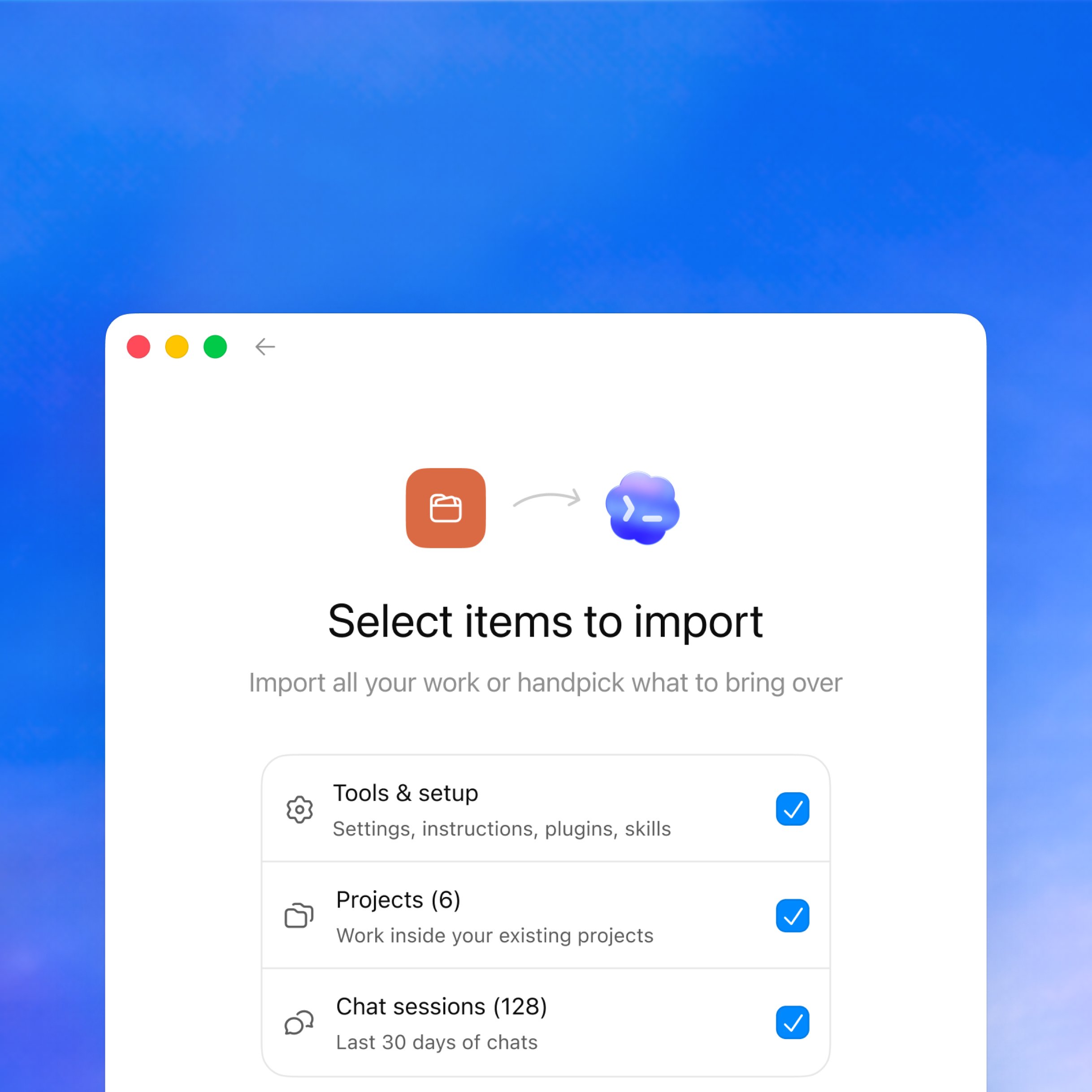 OpenAI의 Claude → Codex 마이그레이션 UI — Tools & setup, Projects (6), Chat sessions (128)을 import 항목으로 선택