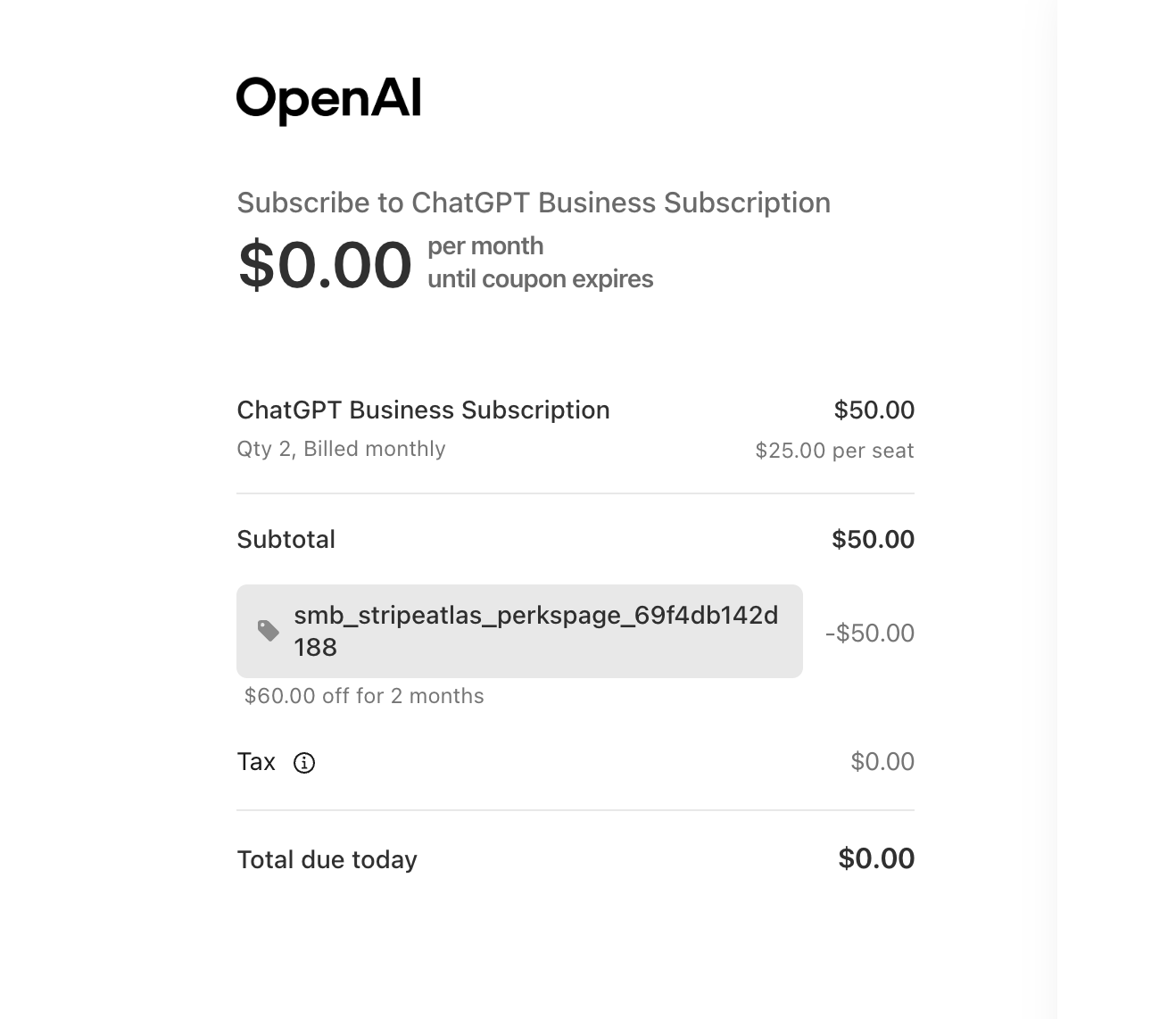 ChatGPT Business 결제 화면 — Qty 2 좌석, 정가 $50/월이 쿠폰으로 $0이 되는 영수증