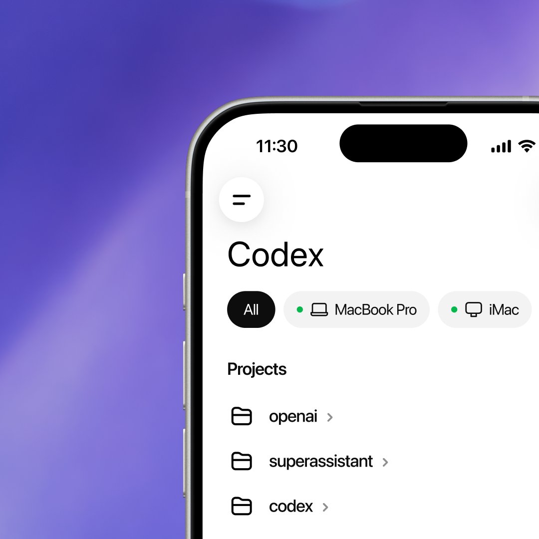 OpenAI Codex 모바일 — 아이폰 화면에 MacBook Pro·iMac이 연결됨
