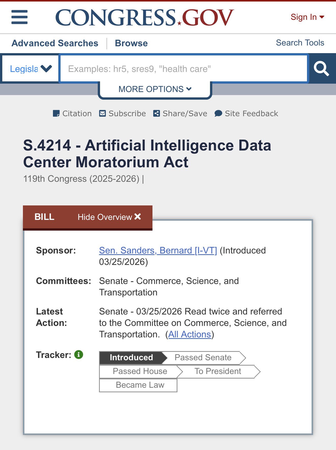 congress.gov S.4214 - Artificial Intelligence Data Center Moratorium Act, 119대 의회, 발의자 Sen. Sanders (I-VT), 2026년 3월 25일 상정·상원 상업·과학·교통위원회 회부