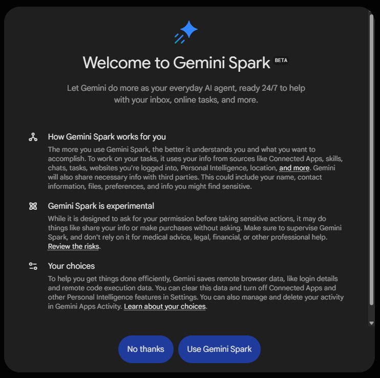 Welcome to Gemini Spark BETA — 24/7 AI 에이전트, 사용자 행동 학습, Connected Apps + Personal Intelligence + 위치 + Skills 접근